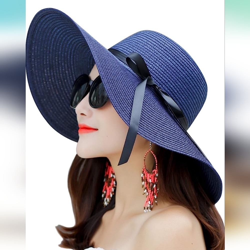 Womens Wide Brim Straw Sun Hat Floppy Foldable Roll up Cap UPF 50+ Summer Beach